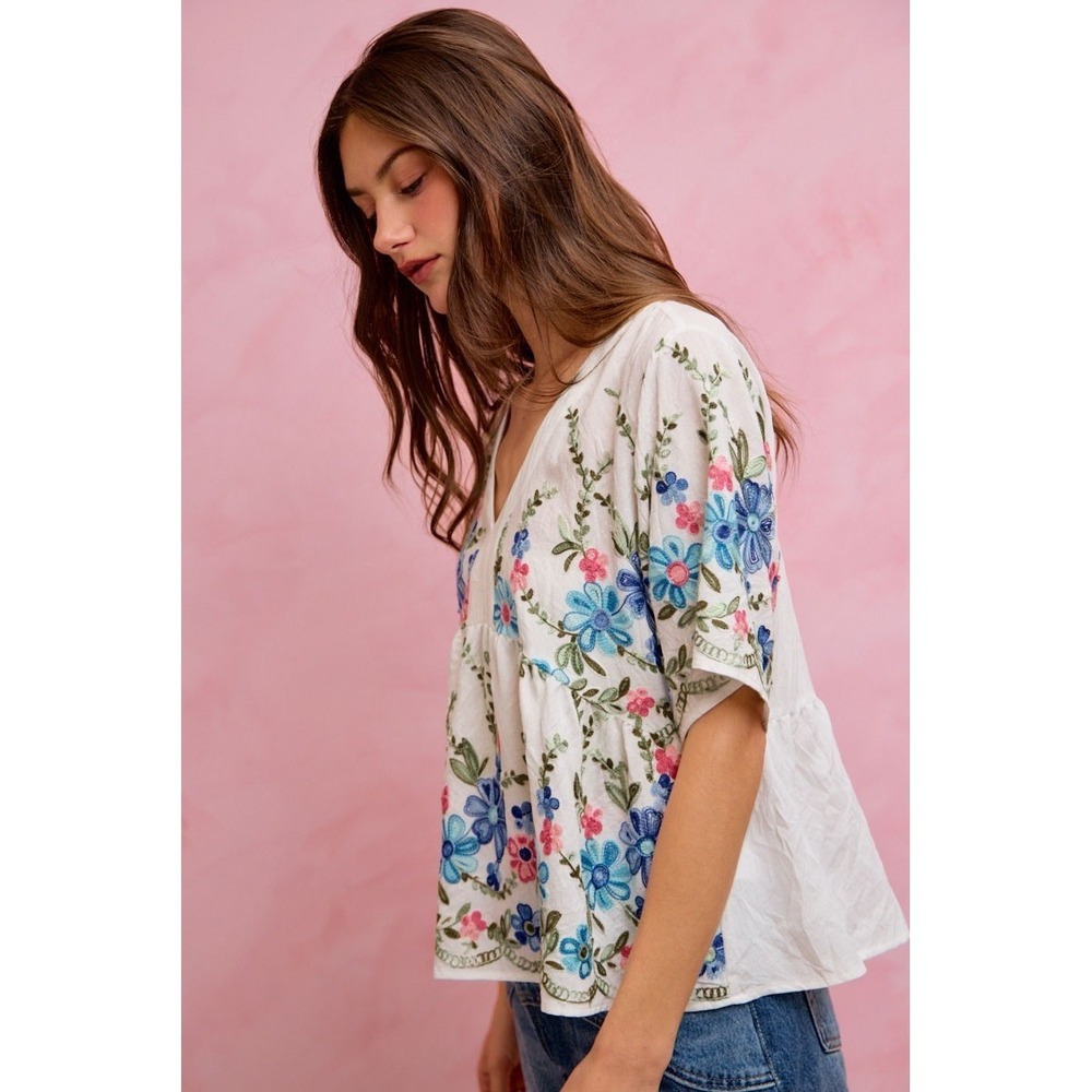 SO ME Floral Embroidered Baby Doll Blouse Top - Medium - Picture 2 of 5